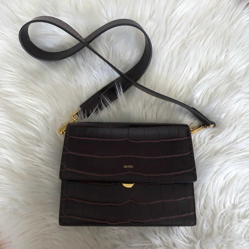 JW PEI mini flap bag in brown croc + extra strap
